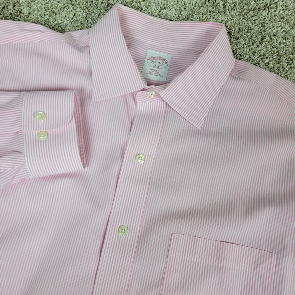 Brooks Brothers 346 Non Iron Mens 16.5-4/5 Pink White‎ Striped Button Up LS
